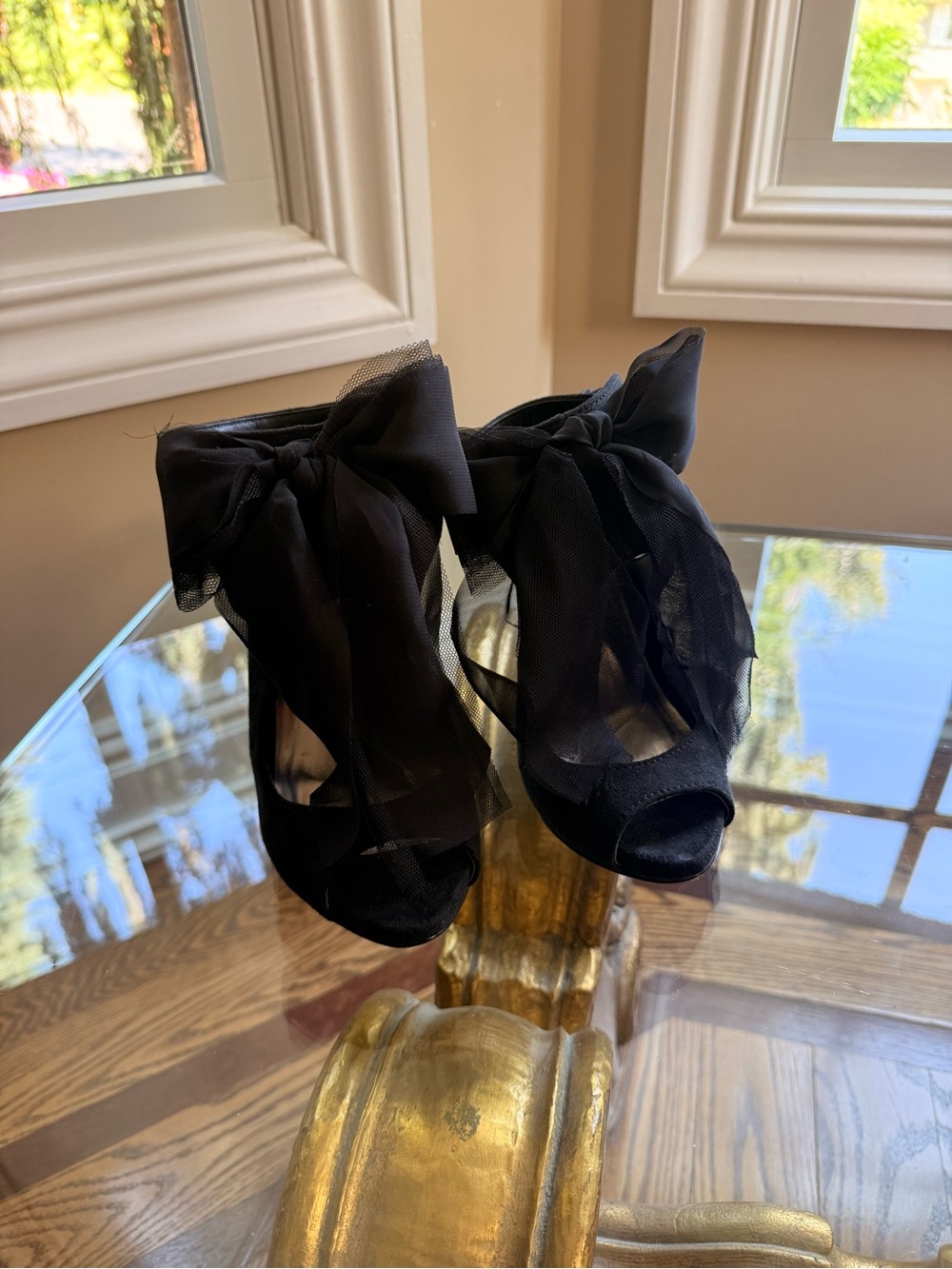 Women's Black Sheer Bow Peep-Toe Heels
